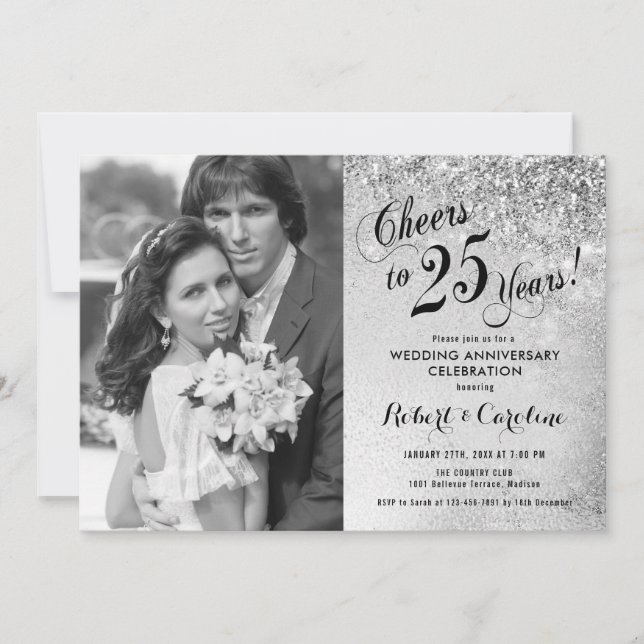 25th Anniversary with Photo - Silver Invitation (Front)