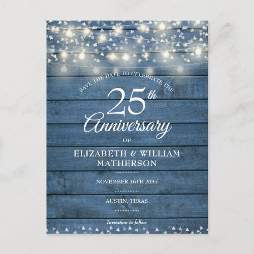 25th Anniversary Wood String Lights Save the Date Announcement Postcard