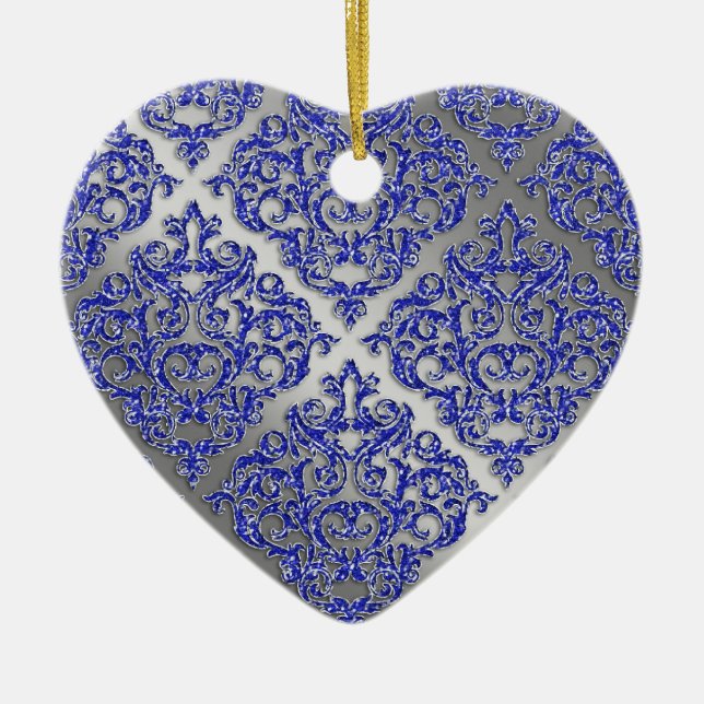 25th Anniversary Xmas Blue Sparkle Silver Damask Ceramic Ornament (Front)