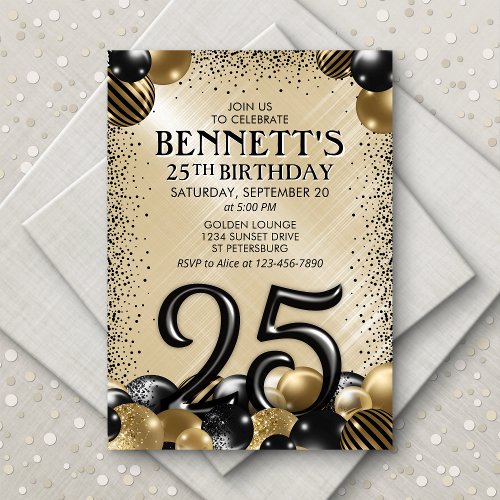 25th Balloons Black Gold Birthday Invitation