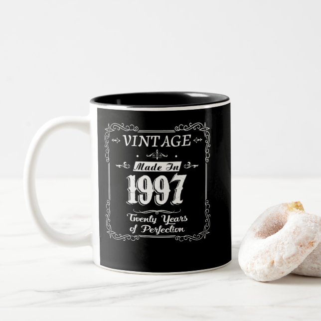 25th birthday 1997 Year of Perfection Gift Idea Two-Tone Coffee Mug (With Donut)