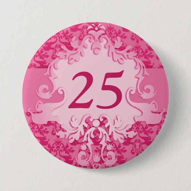 25th birthday age damask elephant pink button (Front)
