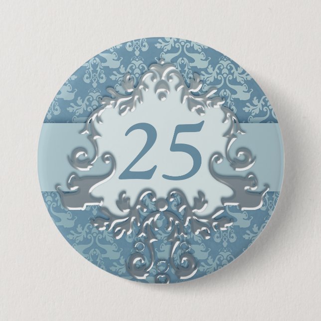 25th birthday age damask elephant silver blue pinback button (Front)