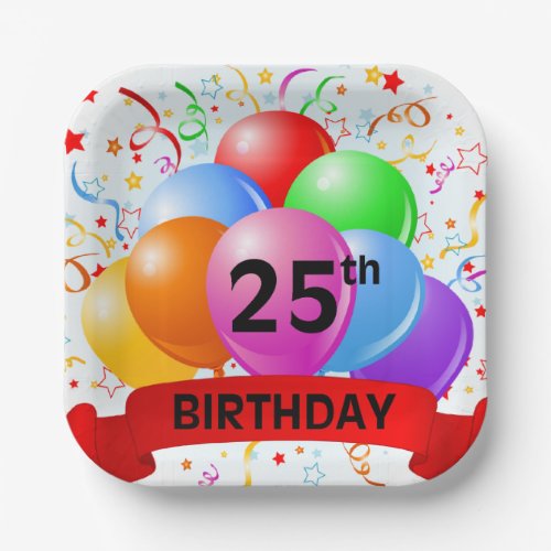 25th Birthday Balloons Banner Paper Plates