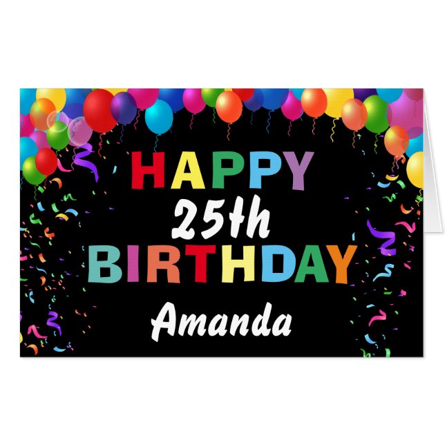 25th Birthday Balloons Black Extra Large Jumbo Card (Front Horizontal)