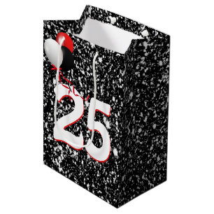25th Birthday Balloons on Black Glitter Medium Gift Bag