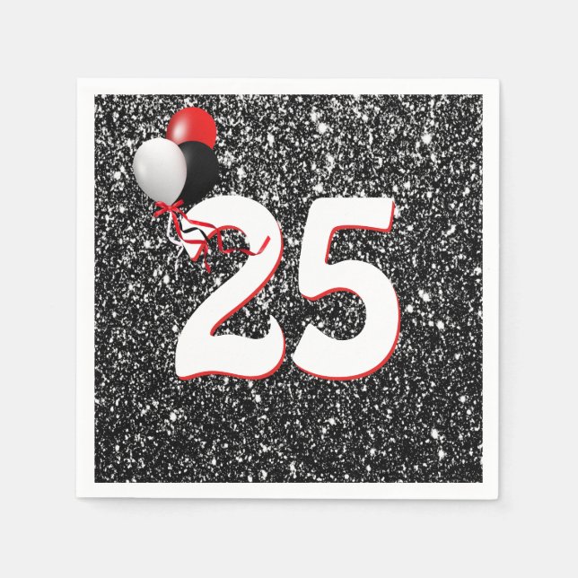 25th Birthday Balloons on Black Glitter Napkins (Front)