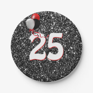 25th Birthday Balloons on Black Glitter Paper Plates