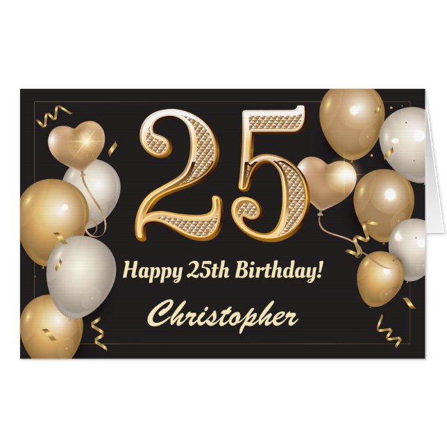 25th Birthday Black and Gold Balloons Extra Large Card (Front Horizontal)