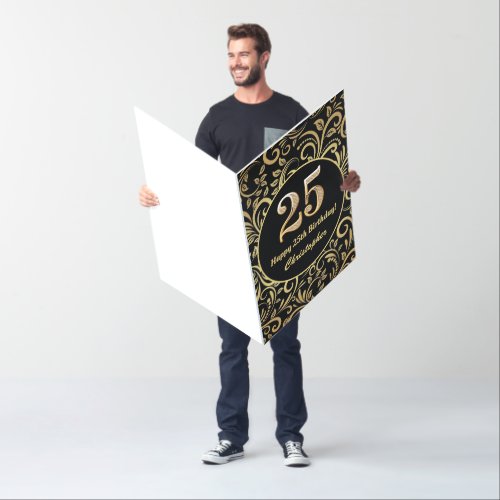 25th Birthday Black and Gold Floral Pattern Large Card