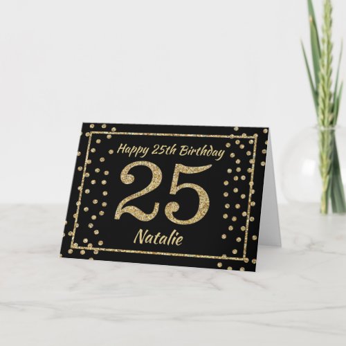 25th Birthday Black and Gold Glitter Confetti Card