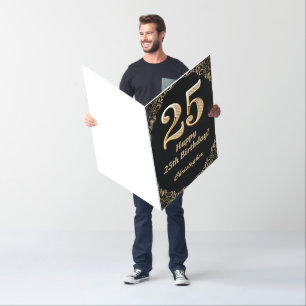 25th Birthday Black and Gold Glitter Extra Large Card
