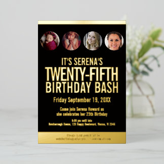 25th Birthday black and gold photo circles Foil Invitation