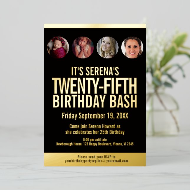 25th Birthday black and gold photo circles Foil Invitation (Standing Front)
