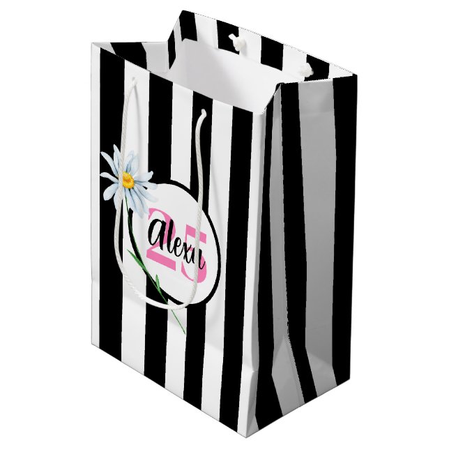 25th Birthday Black And White Stripes Medium Gift Bag (Front Angled)