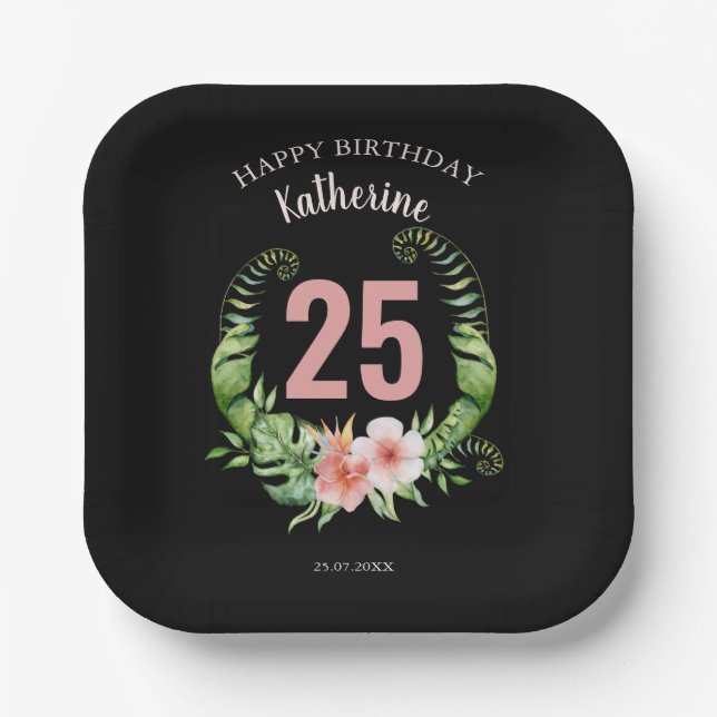 25th Birthday black Floral script name Paper Plates (Front)