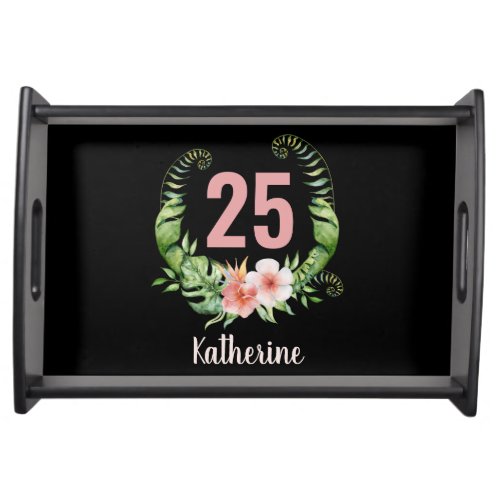 25th birthday black floral script name serving tray