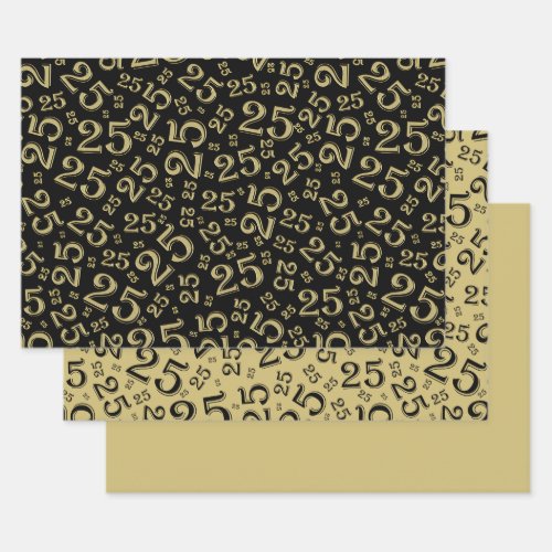 25th Birthday Black  Gold Number Pattern 25 Wrapping Paper Sheets