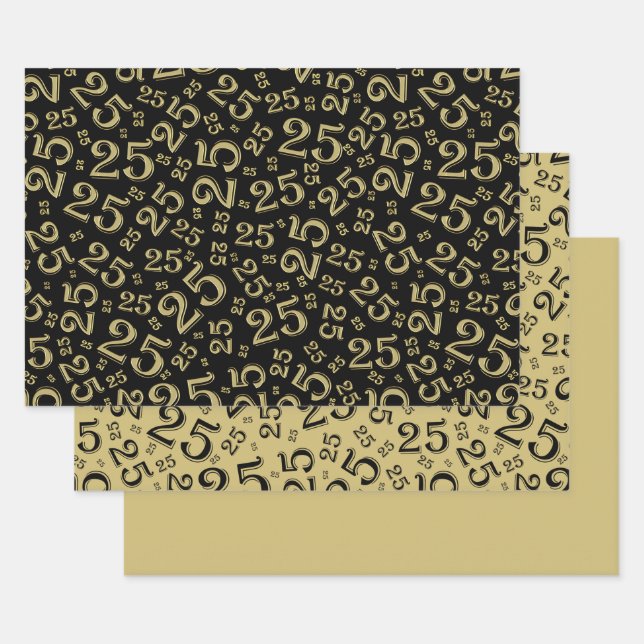 25th Birthday Black & Gold Number Pattern 25 Wrapping Paper Sheets (Set)