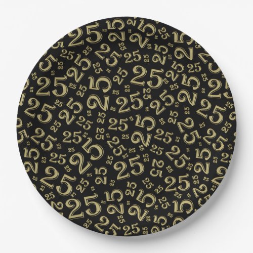 25th Birthday BlackGold Random Number Pattern 25 Paper Plates