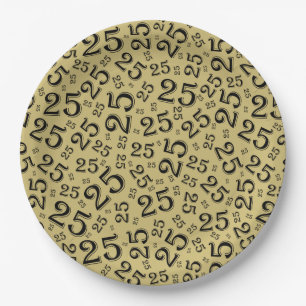 25th Birthday Black/Gold Random Number Pattern Paper Plates