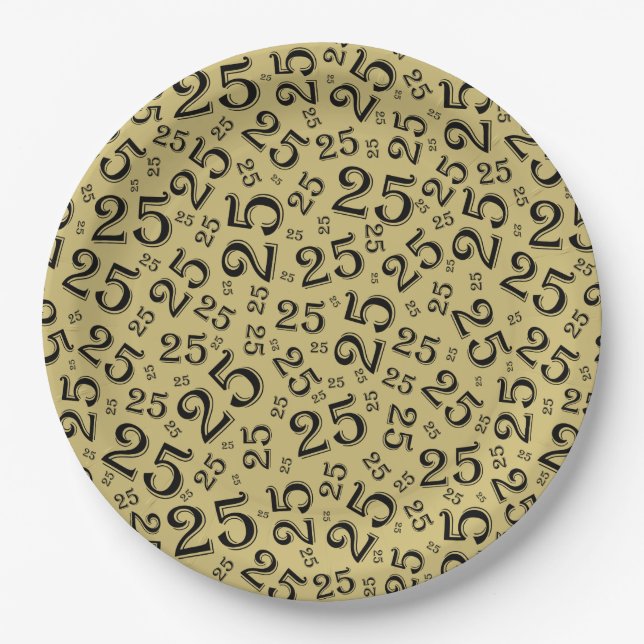 25th Birthday Black/Gold Random Number Pattern Paper Plates (Front)