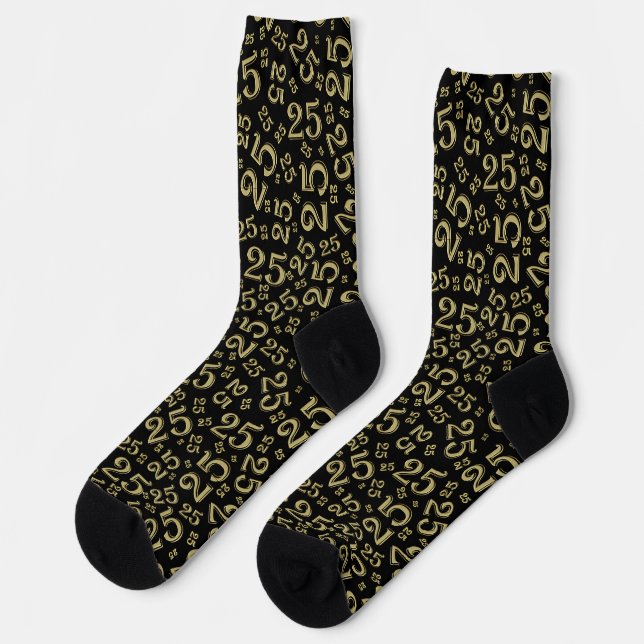 25th Birthday Black/Gold Random Number Pattern Socks (Left)