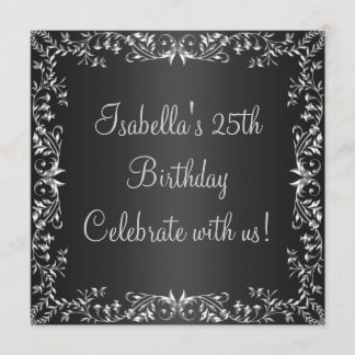 25th Birthday Black & Silver Floral Metal Invitation