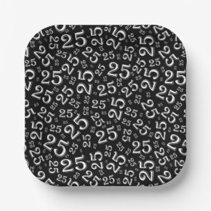 25th Birthday Black/White Random Number Pattern Paper Plates