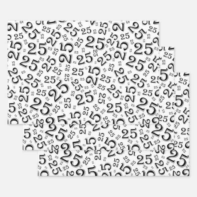 25th Birthday Black & White Random Number Pattern Wrapping Paper Sheets (Set)