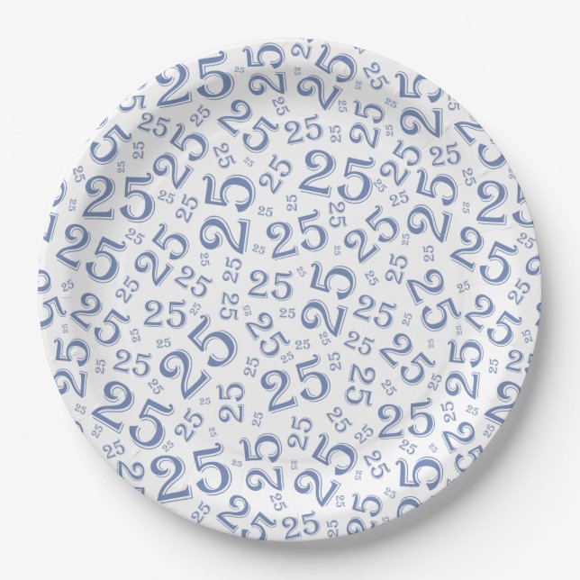 25th Birthday Blue/White Random Number Pattern Paper Plates (Front)