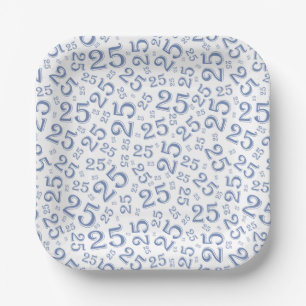 25th Birthday Blue/White Random Number Pattern Paper Plates