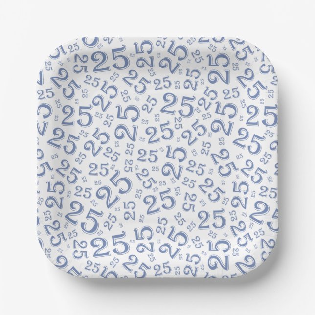 25th Birthday Blue/White Random Number Pattern Paper Plates (Front)