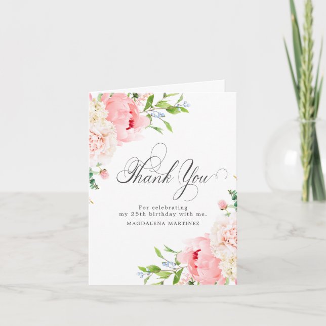 25th Birthday Blush Pink Peony Floral Folded Thank You Card (Front)