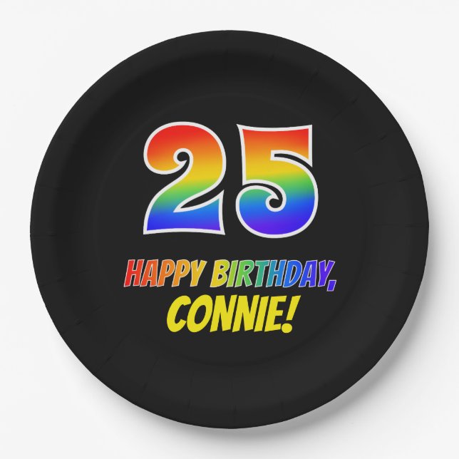 25th Birthday: Bold, Fun, Simple, Rainbow 25 Paper Plates (Front)