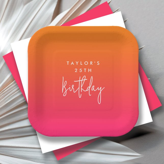 25th Birthday Bold Hot Pink and Orange Ombre Paper Plates (Creator Uploaded)