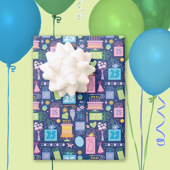 25th Birthday Cake Presents Balloons Blue Wrapping Paper Sheets (Creator Uploaded)