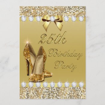 25th Birthday Classy Gold Heels Sequins Diamonds Invitation by GroovyGraphics at Zazzle