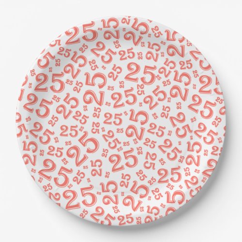 25th Birthday Coral Random Number Pattern 25 Paper Plates