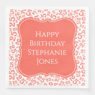 25th Birthday Coral/White Bracket Number Pattern Paper Dinner Napkins