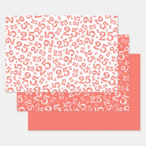 25th Birthday Coral  White Number Pattern 25 Wrapping Paper Sheets