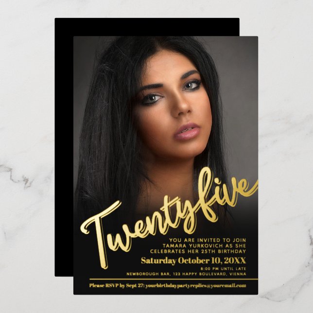 25th Birthday custom photo script gold Foil Invitation (Front/Back)