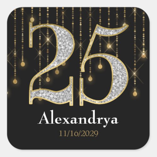 25th Birthday Diamonds Gold Favor Tags Stickers