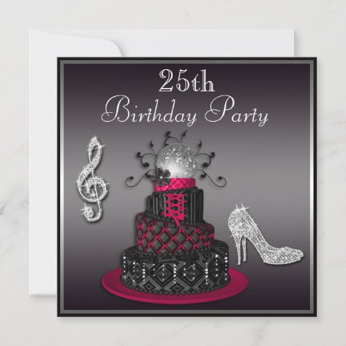 25th Birthday Disco Diva Cake and Heels Hot Pink Invitation