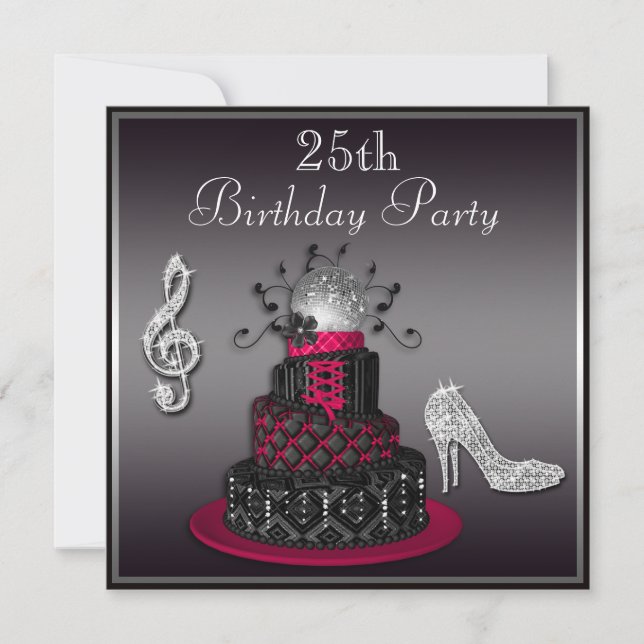 25th Birthday Disco Diva Cake and Heels Hot Pink Invitation (Front)
