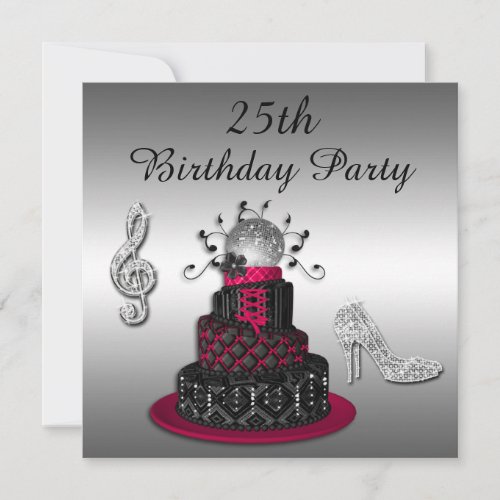 25th Birthday Disco Diva Cake and Sparkle Heels Invitation