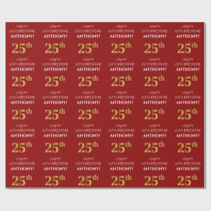 25th Birthday: Elegant, Red, Faux Gold Look Wrapping Paper