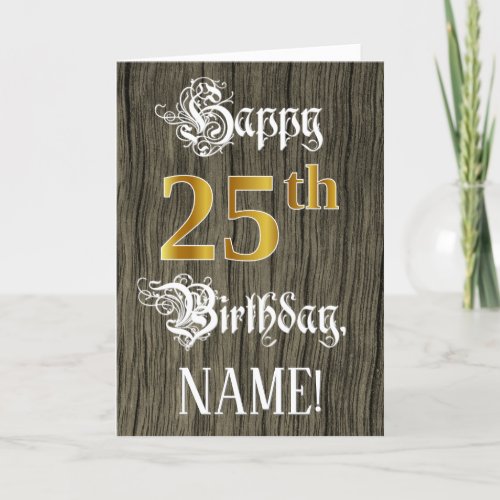 25th Birthday Faux Gold Look  Faux Wood Pattern Card
