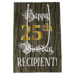 [ Thumbnail: 25th Birthday: Faux Gold Look & Faux Wood Pattern Gift Bag ]