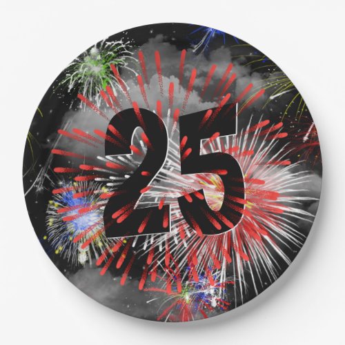 25th Birthday Fireworks In Clouds  Paper Plate